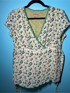 Notations Green and Cream Geometric Wrap Blouse